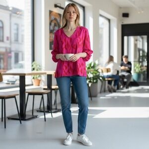 JODIFL Women's Pink Red Abstract Print V-Neck Long Sleeve Blouse Top S